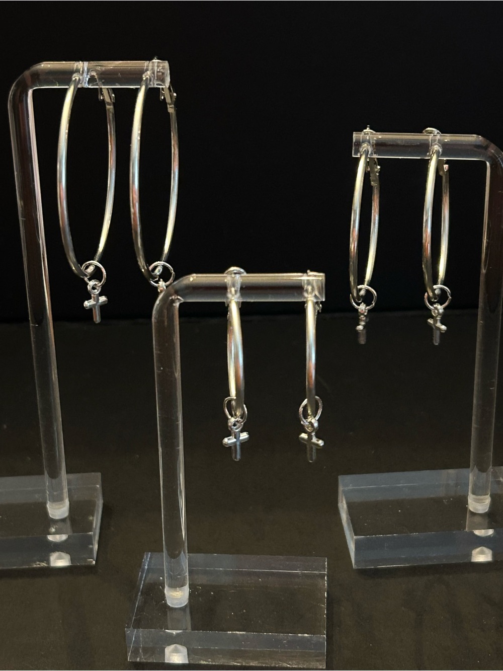 Set of 3 Silver Stainless Steel Hoop Earrings w/Cross Charms in Assorted Sizes
